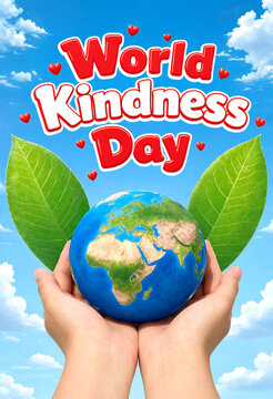 Hands holding globe with green leaves celebrating world kindness day in bright sky background