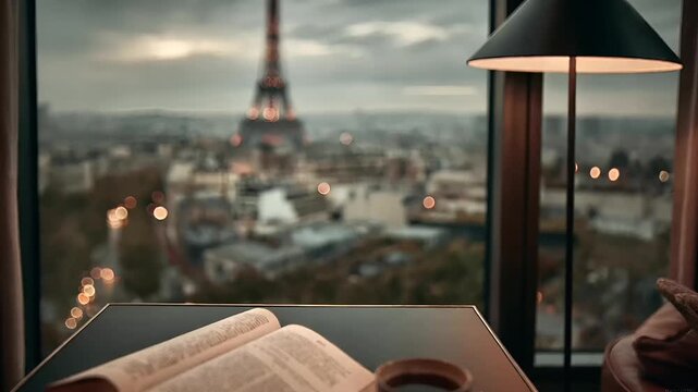 Paris, France, Europe. A moody, atmospheric portrayal of a cozy living room with a panoramic view of the Eiffel Tower. The room features a wooden table with an open book, a cup of coffee.