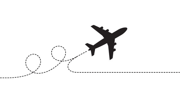 Black silhouette icon of an airplane taking off with a curved dashed trail line forming loops, representing travel, flight route, and journey. Ideal for travel agency, tourism, and aviation-related de