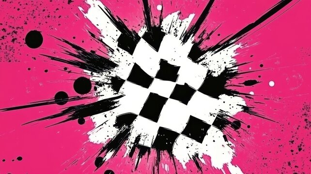 Abstract checkered pattern exploding with ink splatter on vibrant hot pink background art illustration