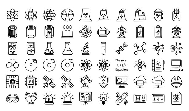 Atomic Science Outline Icon Pack with Nuclear Energy Reactor Physics and Research Vector Collection