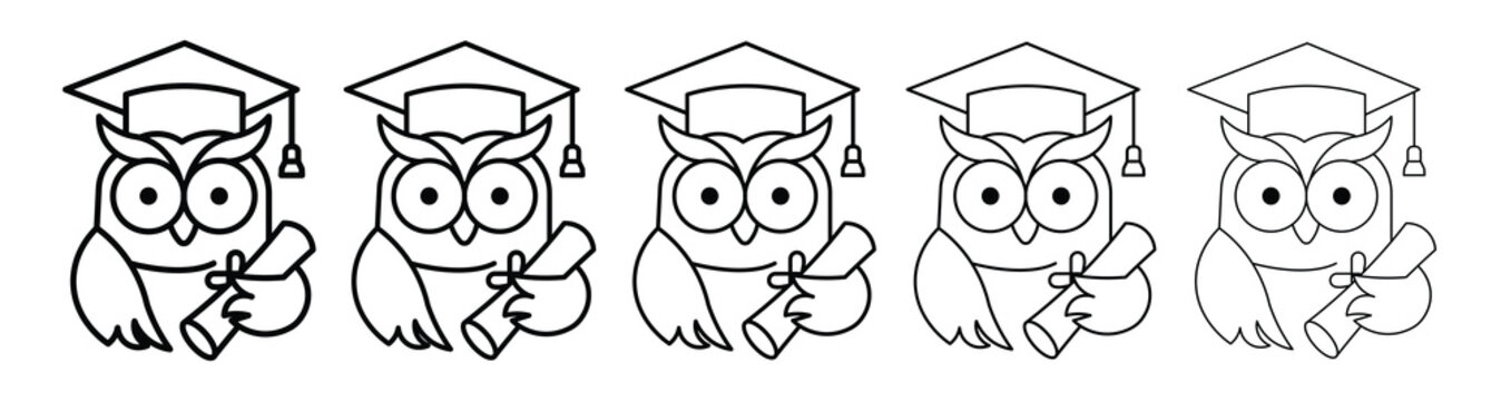 Cute outline graduation owl icons wearing mortarboard hats and holding diploma scrolls line art.