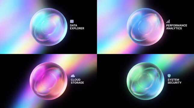 Premium user interface layout featuring a set of four tech banners with colorful 3D holographic glass spheres, minimalist web icons, and text placeholders for Data Explorer, Performance Analytics