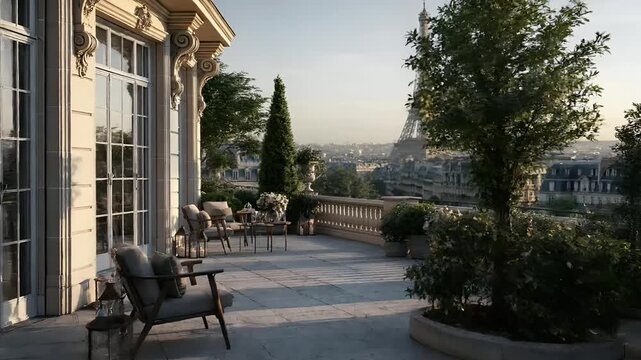 Paris, France, Europe. A detailed, highresolution photograph of a luxurious balcony overlooking the Eiffel Tower in Paris, France. The balcony features ornate architectural details.