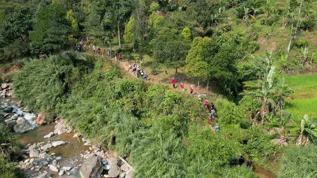Aerial drone view of hikers crossing a lush riverside trail through tropical forest, rice fields, and rocky stream in daylight.