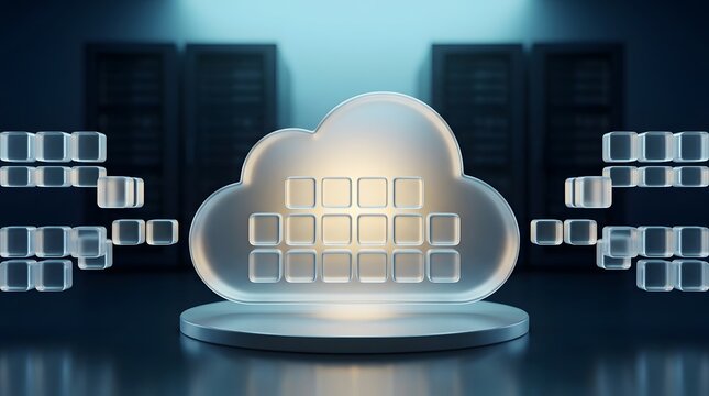 Cloud data storage migration concept with glass blocks entering virtual server network representing big data computing capacity