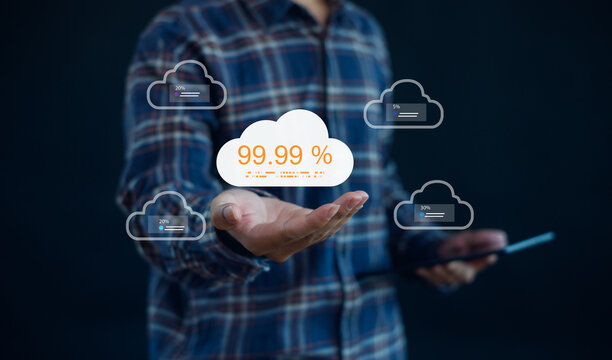 Cloud computing concept with 99.99% uptime, cloud storage, secure data synchronization, reliable backup, high availability, digital infrastructure, cybersecurity, and mobile cloud technology.