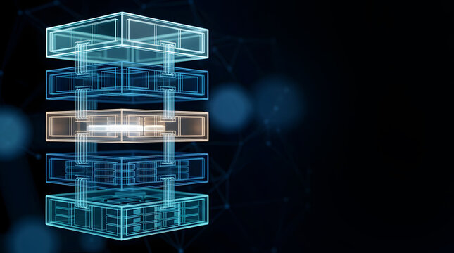 Multi tier server architecture stack highlighting central processing layer in glowing network database infrastructure
