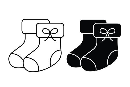 Minimalist pair of baby boots or Christmas stockings with bow knot, clean vector illustration isolated.