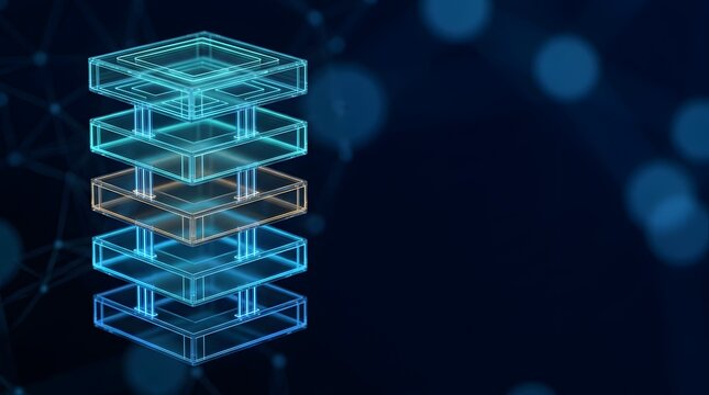 Layered software architecture stack showing transparent glass tiers representing hierarchical network infrastructure and data storage