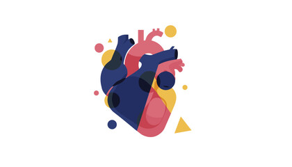 Naklejka premium Stylized colorful illustration of a human heart organ anatomy surrounded by abstract geometric shapes and circles.