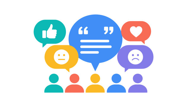 Group of diverse people with colorful chat bubbles representing communication.