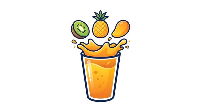 Illustration of a glass of orange juice with a splash effect, topped with kiwi and pineapple slices floating above. Ideal for juice bar branding, beverage packaging, and healthy drink marketing design