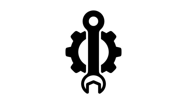 Industrial wrench and gear icon vector, mechanical repair and maintenance symbol, black technical service logo on white background