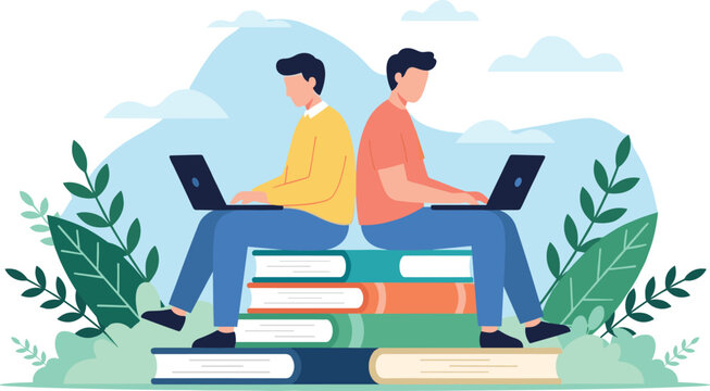 Two young men sitting back to back on stack of books working on laptops studying online