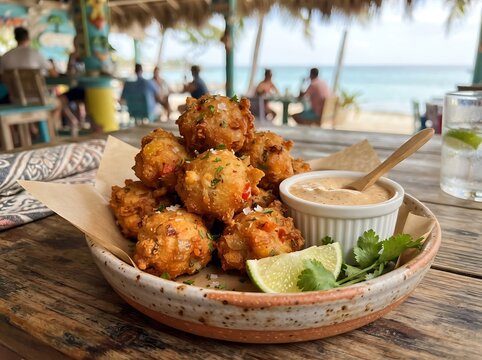 Crispy Fried Conch Fritters with Creamy Dipping Sauce Served on a Rustic Beachfront Restaurant Table