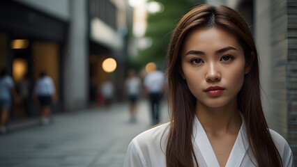 Obraz premium Portrait of a young Asian woman with long brown hair looking at the camera on a city street