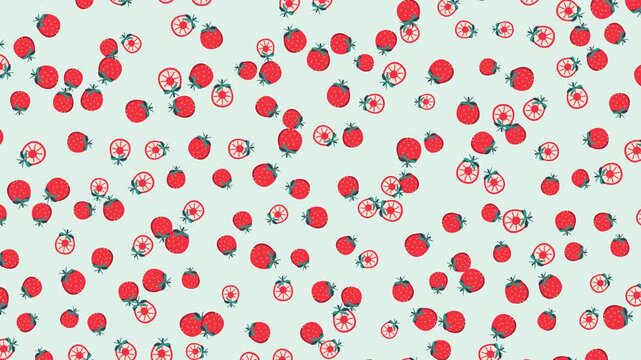 A playful animation featuring red whole strawberries and fruit slices falling against a light mint background.