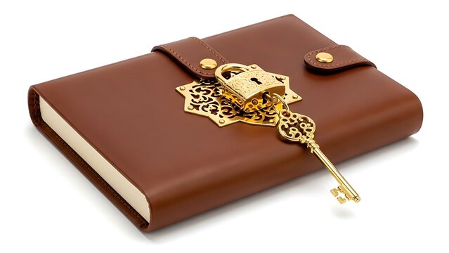 Closed brown leather notebook with an antique ornate golden padlock and key notebook protection security stationary personal confidential isolated background fastener information