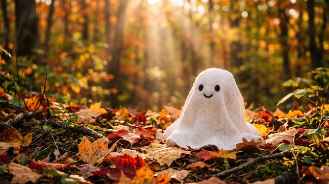 Cute ghost sitting on autumn leaves in a sunlit golden forest, cinematic whimsical photography style.