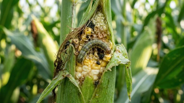 A close-up shot reveals a corn cob heavily infested with corn earworms. The worms, a pale green color, are actively feeding on the kernels, leaving visible damage.