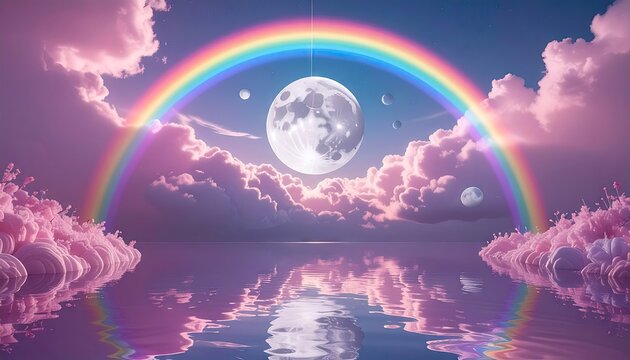 Symmetrical rainbow and moon reflecting in calm water