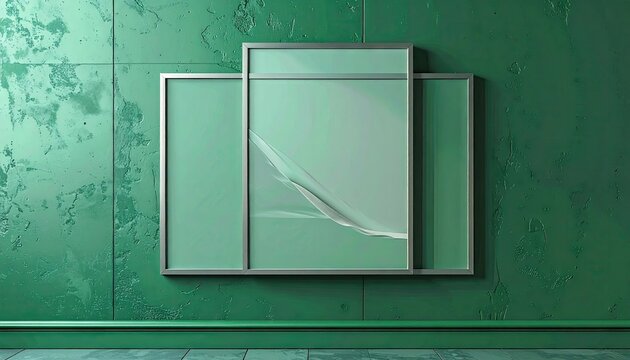 Triptych blank frame set on green textured wall.