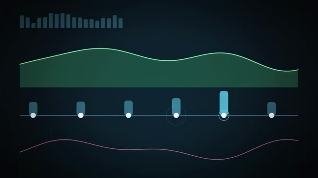 Abstract animated treatment schedule with a patient response curve drawn as cyan and teal glowing lines and dots on a deep dark background. Clean minimal motion graphics element with free space around