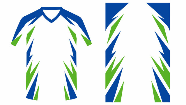 Two-piece athletic jersey set with bold blue and green geometric stripes on white background.