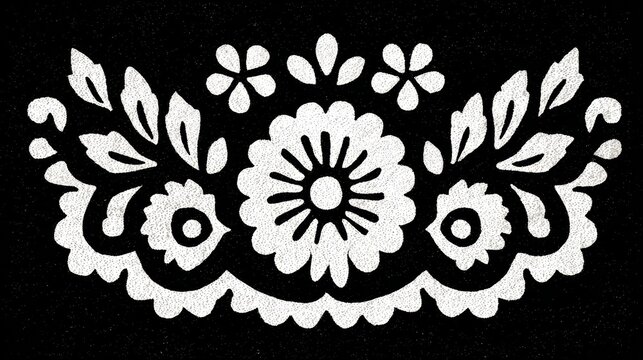 Watercolor Papel Picado clipart with scalloped Vandyke edges, monochrome black and white vector tile isolated on white background, simple kid-friendly icon design