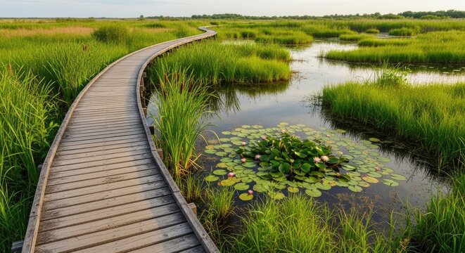 A wooden boardwalk curves through a lush wetland landscape. The path leads towards a tranquil body of water, dotted with lily pads and vibrant green vegetation.