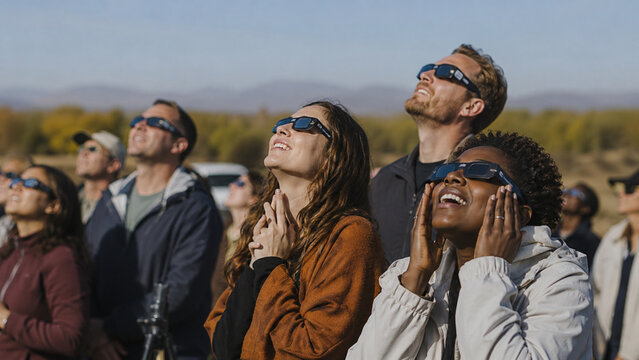 People Wearing Eclipse Glasses Looking At The Sky Together