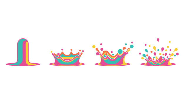 Sequence of colorful paint splash keyframes showing the step by step animation of liquid dripping and exploding.