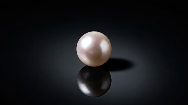 A single, luminous pink pearl rests on a dark surface. The pearl&rsquo;s iridescent surface reflects a subtle, dark mirror image below.