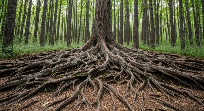 A majestic tree trunk dominates the foreground, its massive roots sprawling across the forest floor. The roots are thick, gnarled, and interwoven, creating a complex network.