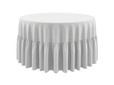 Round banquet table with white ruffled tablecloth isolated on transparent background