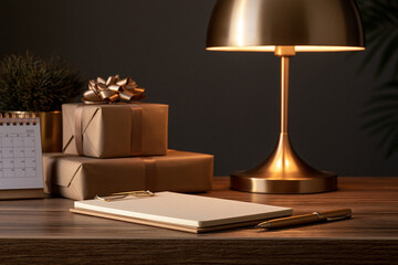 Obraz premium Elegant desk scene with blank gift list wrapped boxes calendar and warm lamp light showcasing Black Friday holiday shopping planning