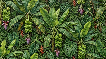 Obraz premium Seamless Tropical Jungle Pattern with Banana Trees and Exotic Plants.