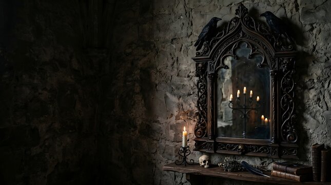 Ornate gothic mirror with ravens and skull in dark stone room