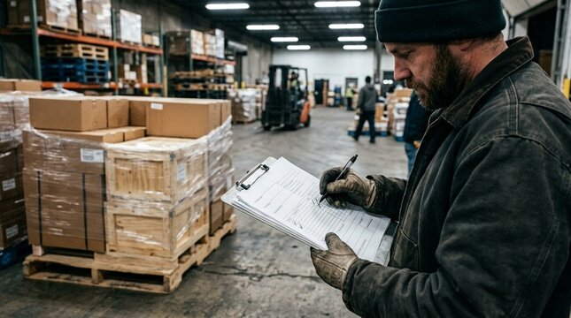 Dock Worker Marking a Bill of Lading with a Pen while Standing beside Pallets