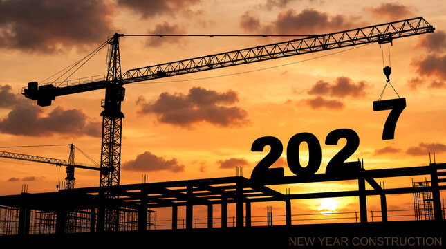 Construction crane lifting number seven for the year 2027 at sunset