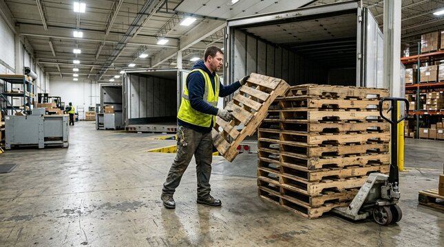 Dock Worker Stacking Empty Pallets after Unloading a Trailer
