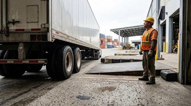 Dock Worker Watching a Trailer Approach the Dock Plate