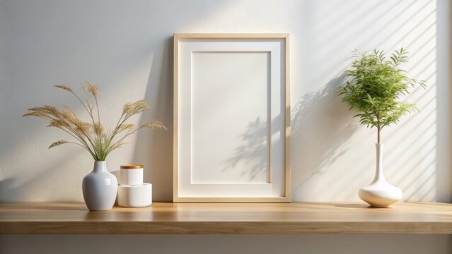 Blank frame mockup on white wall with vase and shelf for interior design