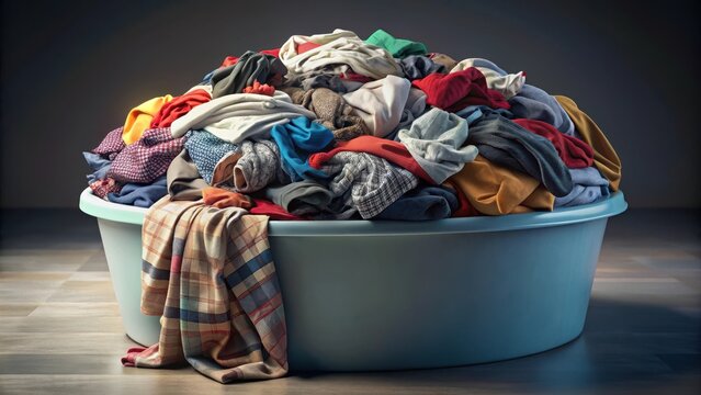 Plastic tub with heap of clothes isolated