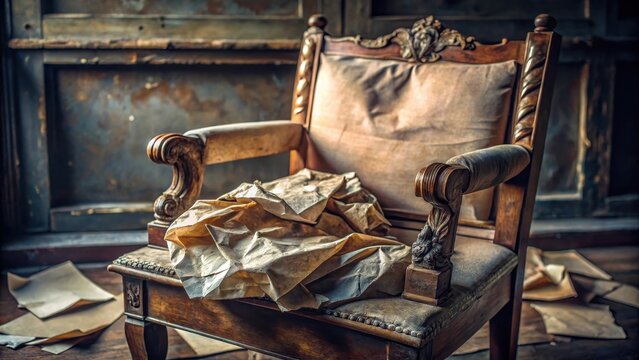 Vintage empty paper crumpled on worn velvet upholstery lost amidst dusty forgotten relics on antique benches