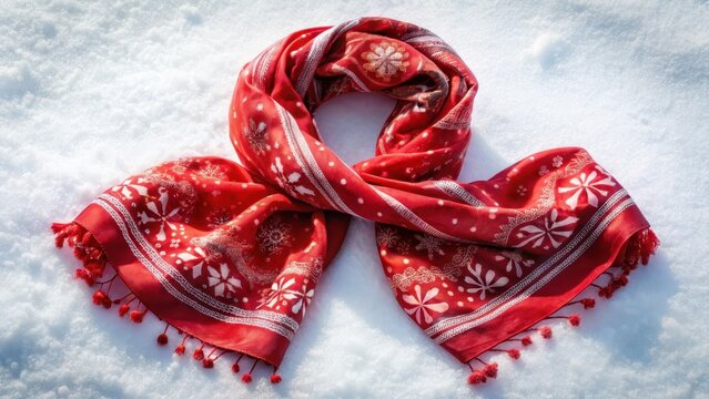 A delicate watercolor red scarf with an ornament isolated on a snowywhite background