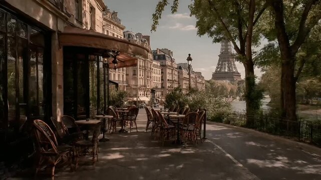Paris, France, Europe. A vivid portrayal of a Parisianstyle outdoor cafe with a view of the Eiffel Tower in the background. The cafe has a rustic ambiance, featuring wooden tables and chairs, awnings.