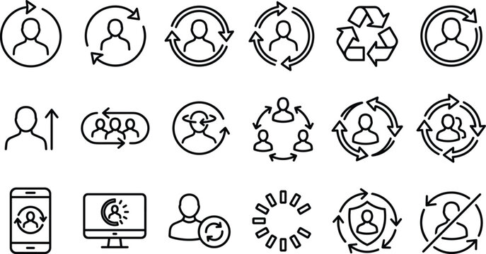 Human Resources and User Lifecycle Icon Set with Employee Turnover Rotation Teamwork Shield Security and Synchronization Symbols for Business Management Designs