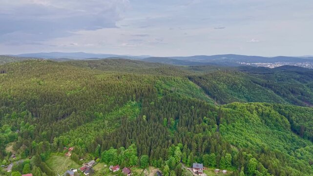 Elevated view across mixed conifer and deciduous woodland spreading over rolling hills, steep ravines and broad valley with small rural village, rooftops and roads resting below soft overcast light